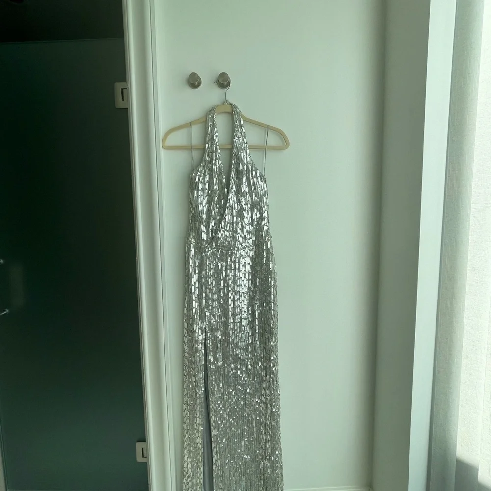 CD Greene Silver Faux Leather detailed halter gown with slit - Picture 3 of 8